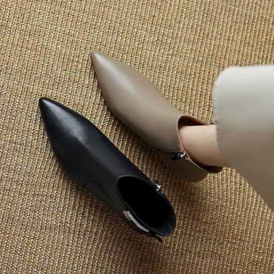 Womens Stylish Leather Pointed-Toe High-Heel Ankle Boots With Buckle Strap And Side Zipper