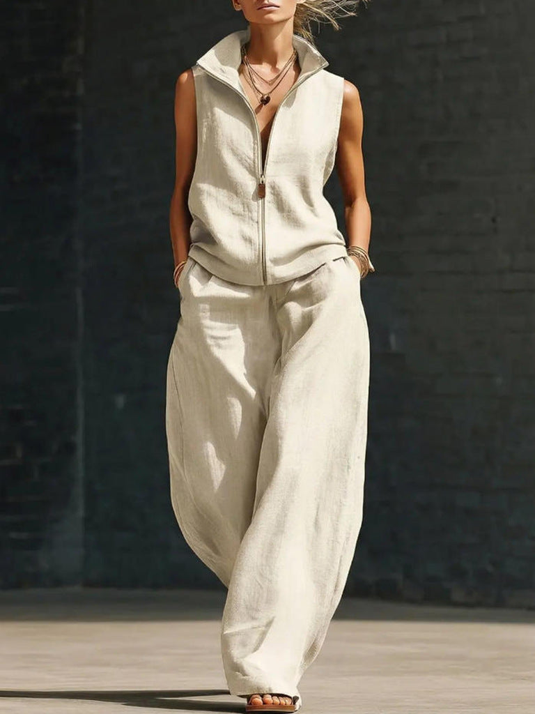 Sleeveless Stand Collar Zippered Linen Cotton Two-Piece Set