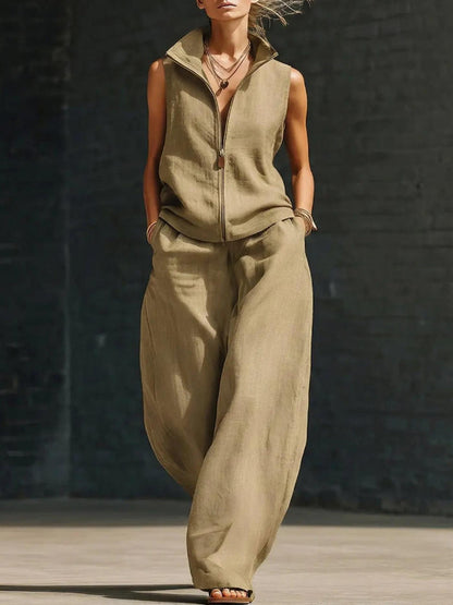 Sleeveless Stand Collar Zippered Linen Cotton Two-Piece Set
