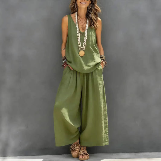 Womens Solid-Colored Casual Sleeveless Tank Top And Wide-Leg Pants Cotton-Linen Set For Daily Wear Holiday Outfit