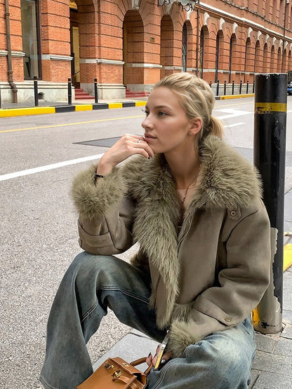 Unisex Leather and Fur Suede-Lined Short Biker Jacket