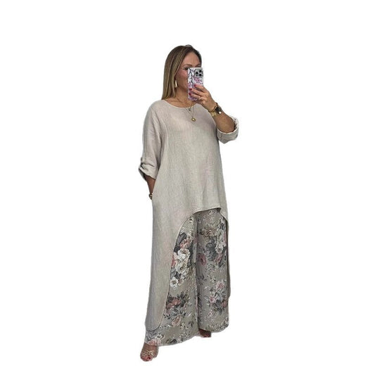 Women's Casual Cotton Linen Irregular Top Wide Leg Pants With Pockets Suit