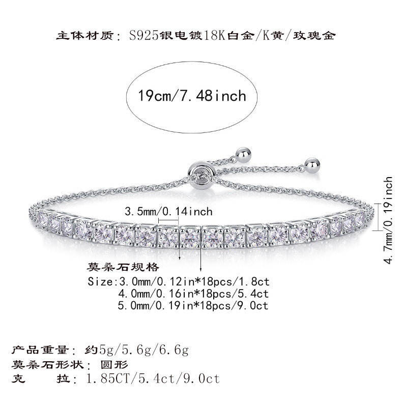 925 Sterling Silver Tennis-Style Adjustable Sparkling Moissanite Bracelet