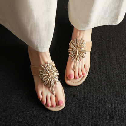 Women's Artisanal Full-Grain Lambskin Flip-Flop Sandals, Handmade Fireworks Crystal Embellished Suede Slides