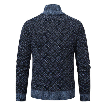 Thickened Plaid Print Jacket Cardigan Fashion Slim Fit Zipper Stand Collar Sweater Winter Men's Casual Long Sleeve Knitted Top Clothing