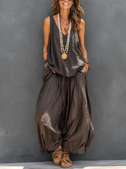 Womens Solid-Colored Casual Sleeveless Tank Top And Wide-Leg Pants Cotton-Linen Set For Daily Wear Holiday Outfit