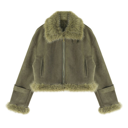 Unisex Leather and Fur Suede-Lined Short Biker Jacket