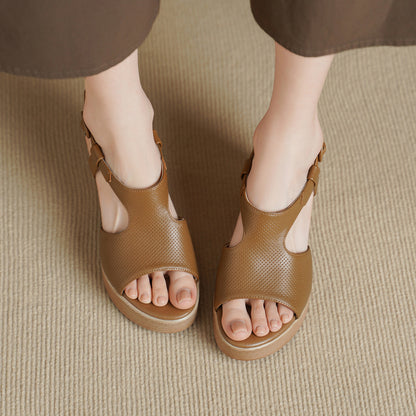 Handcrafted Full-Grain Lambskin Chunky Heel Platform Sandals, Women's Perforated Slingback Shoes