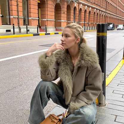 Unisex Leather and Fur Suede-Lined Short Biker Jacket
