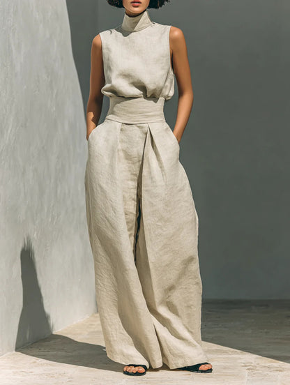 Casual Sleeveless Suit Summer Stand-up Collar Pullover Top And Loose Straight-leg Trousers Women's Clothing