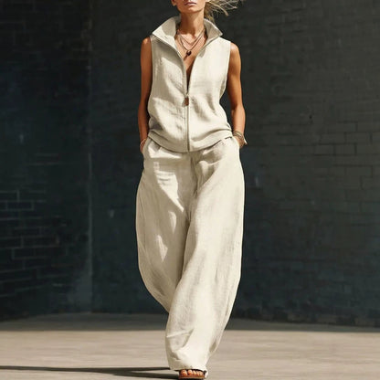 Sleeveless Stand Collar Zippered Linen Cotton Two-Piece Set