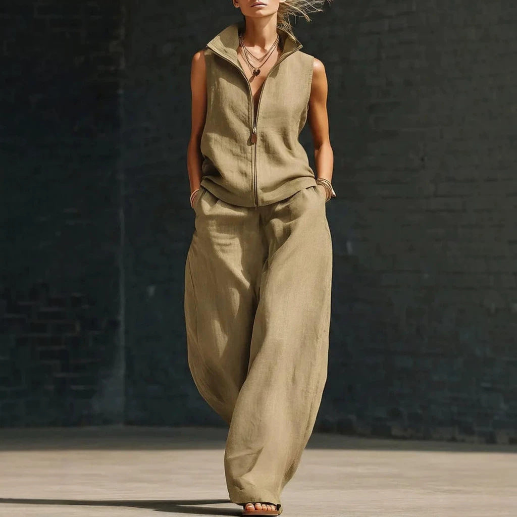 Sleeveless Stand Collar Zippered Linen Cotton Two-Piece Set