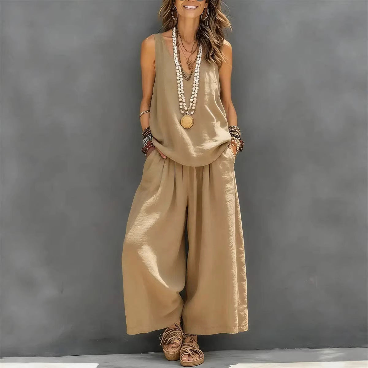 Womens Solid-Colored Casual Sleeveless Tank Top And Wide-Leg Pants Cotton-Linen Set For Daily Wear Holiday Outfit