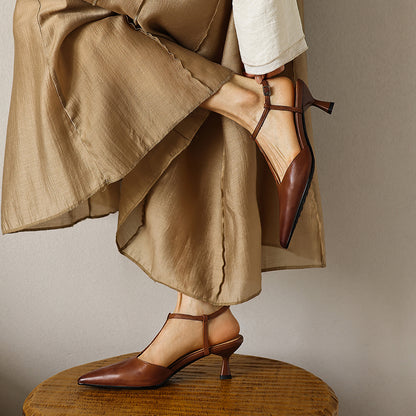 Women's Handmade Washed Full-Grain Lambskin T-Strap Slingback Heels, Vintage Pointed Toe Kitten Heel Sandals