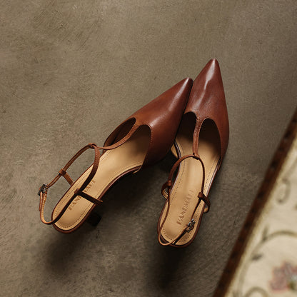 Women's Handmade Washed Full-Grain Lambskin T-Strap Slingback Heels, Vintage Pointed Toe Kitten Heel Sandals