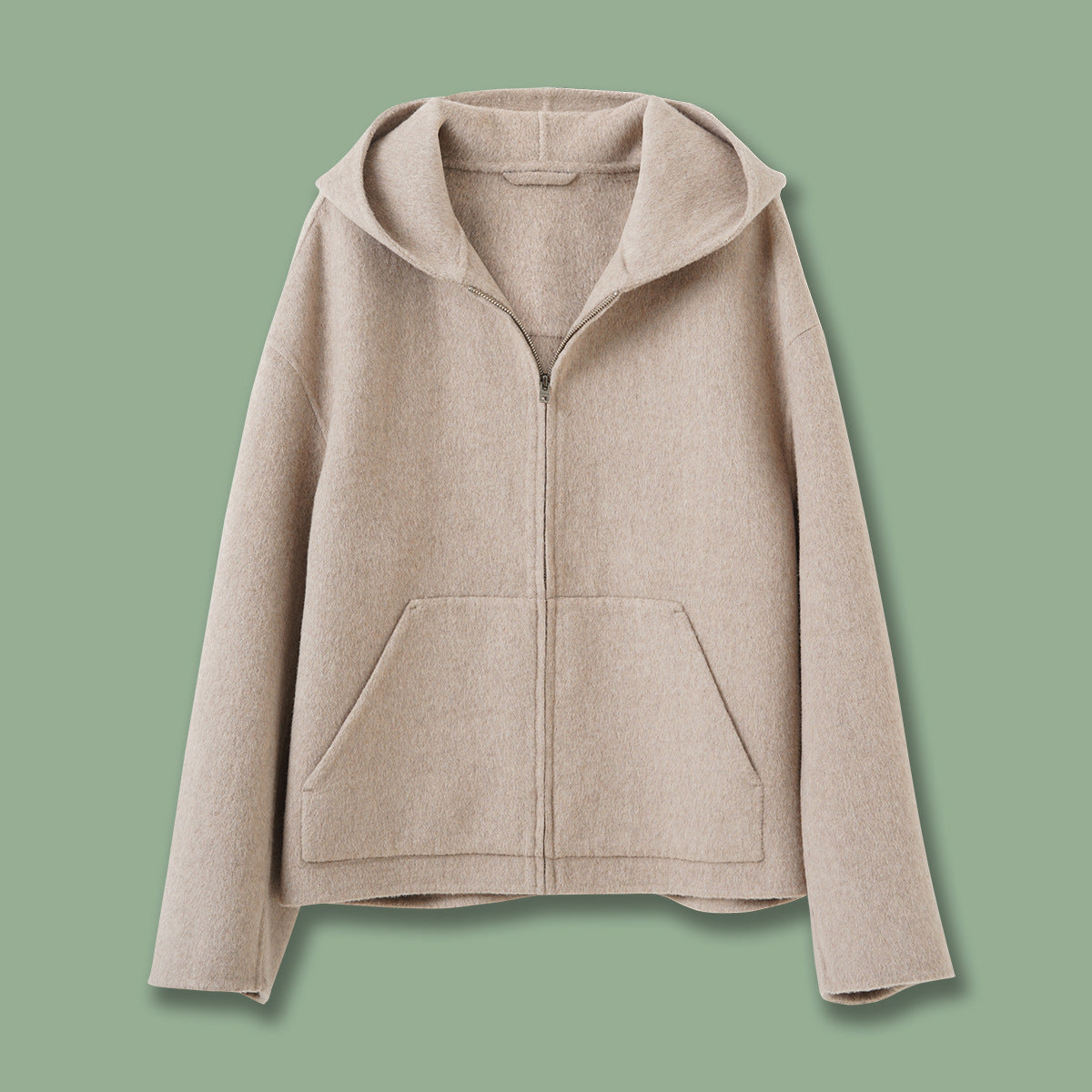 Loose-fit Casual Minimalist Wool-blend Zip-up Hooded Jacket