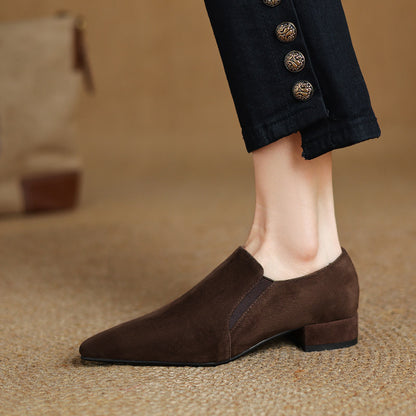 Suede-textured Deep-toe Pointed-toe Chunky-heel Shoes