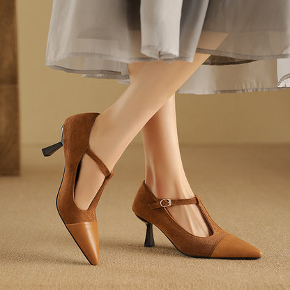 Elegant Womens T-Strap Stacked Heel Shoes