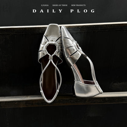 Handcrafted Full-Grain Leather Cage Sandals, Women's Vintage Woven Square Toe T-Strap Flats