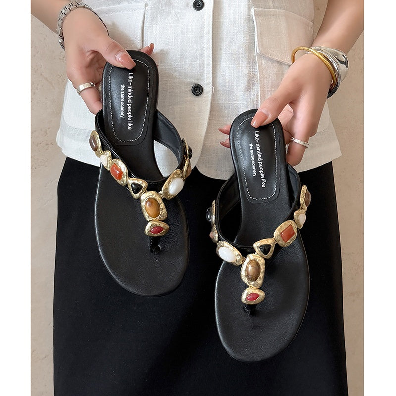 Women's Artisanal Full-Grain Leather Thong Sandals, Handcrafted Multi-Stone Embellished Flat Flip Flops