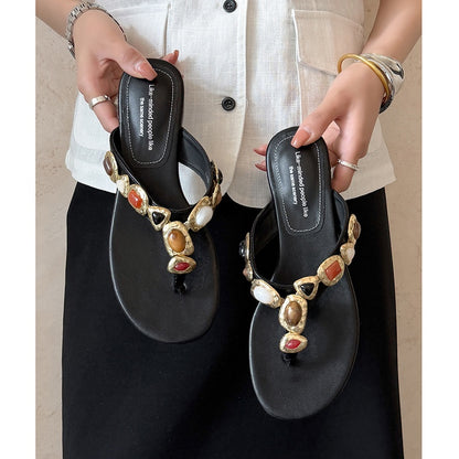 Women's Artisanal Full-Grain Leather Thong Sandals, Handcrafted Multi-Stone Embellished Flat Flip Flops