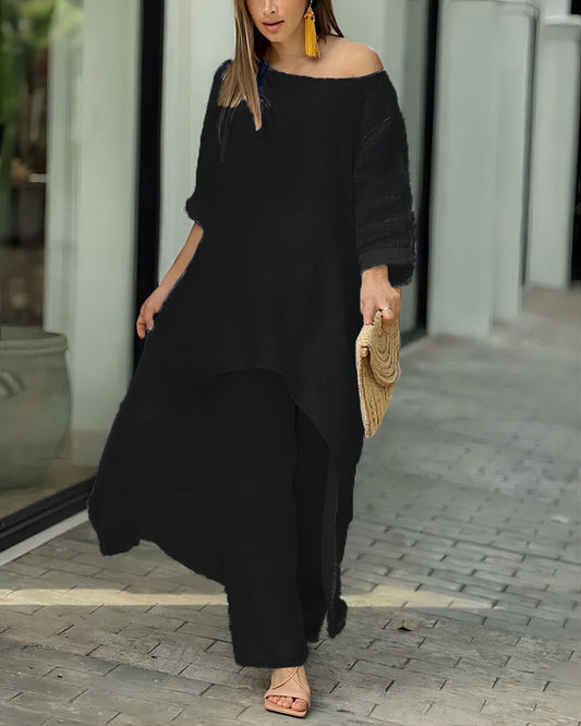 Large Size Irregular Long-sleeved Suit With Wide-leg Pants Set Of Two Pieces