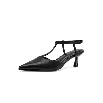 Women's Handmade Washed Full-Grain Lambskin T-Strap Slingback Heels, Vintage Pointed Toe Kitten Heel Sandals