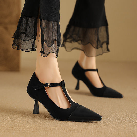 Elegant Womens T-Strap Stacked Heel Shoes
