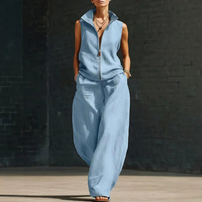 Sleeveless Stand Collar Zippered Linen Cotton Two-Piece Set