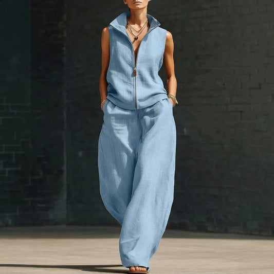 Sleeveless Stand Collar Zippered Linen Cotton Two-Piece Set