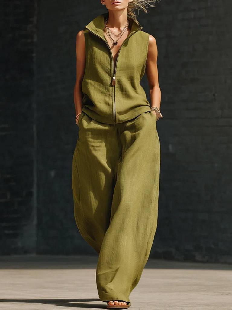 Sleeveless Stand Collar Zippered Linen Cotton Two-Piece Set