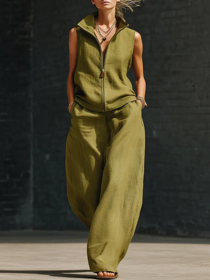 Sleeveless Stand Collar Zippered Linen Cotton Two-Piece Set