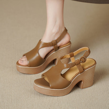 Handcrafted Full-Grain Lambskin Chunky Heel Platform Sandals, Women's Perforated Slingback Shoes