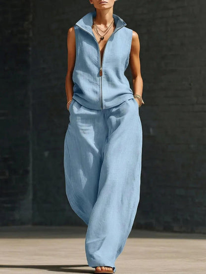 Sleeveless Stand Collar Zippered Linen Cotton Two-Piece Set