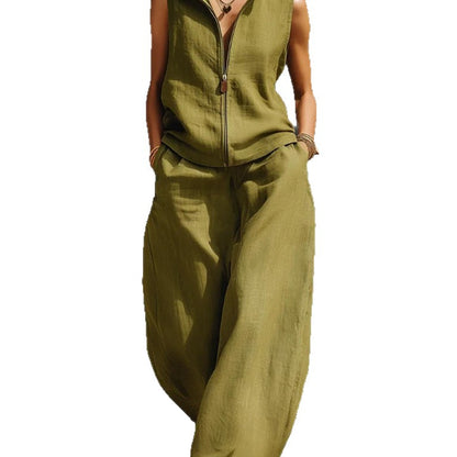 Sleeveless Stand Collar Zippered Linen Cotton Two-Piece Set