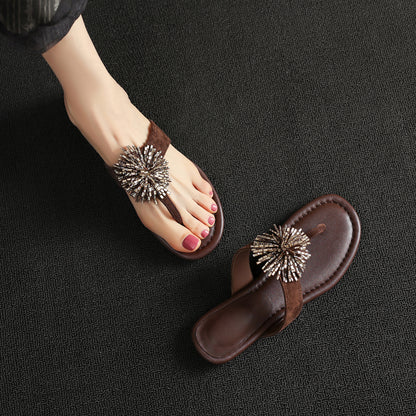 Women's Artisanal Full-Grain Lambskin Flip-Flop Sandals, Handmade Fireworks Crystal Embellished Suede Slides