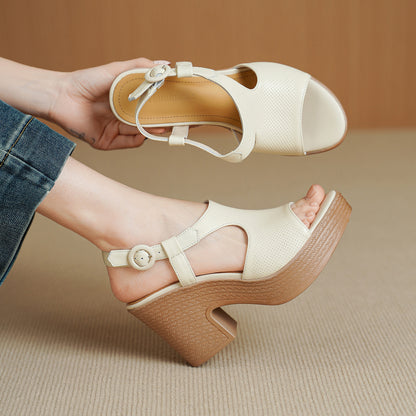 Handcrafted Full-Grain Lambskin Chunky Heel Platform Sandals, Women's Perforated Slingback Shoes