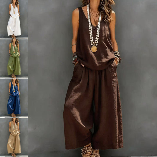 Womens Solid-Colored Casual Sleeveless Tank Top And Wide-Leg Pants Cotton-Linen Set For Daily Wear Holiday Outfit