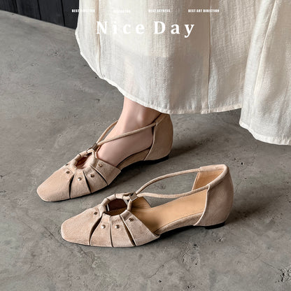 Handcrafted Full-Grain Leather Cage Sandals, Women's Vintage Woven Square Toe T-Strap Flats
