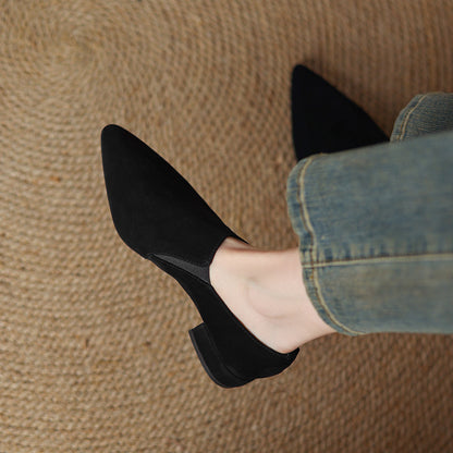 Suede-textured Deep-toe Pointed-toe Chunky-heel Shoes