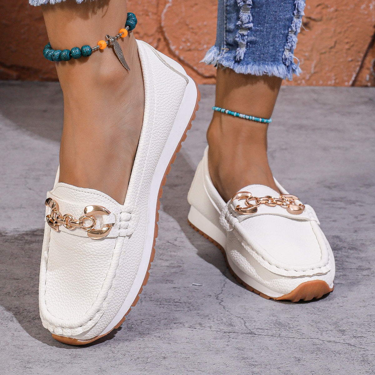 Women's Metal Chain Flat Slip-On Loafers