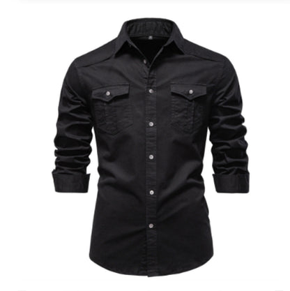 Men's Long-sleeved Denim Shirt Casual Solid Button Slim Tops Clothing