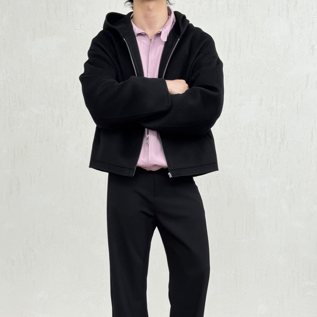 Loose-fit Casual Minimalist Wool-blend Zip-up Hooded Jacket