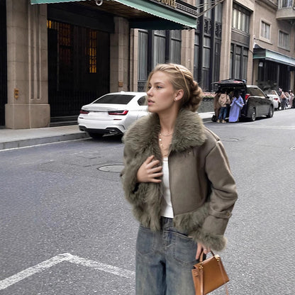Unisex Leather and Fur Suede-Lined Short Biker Jacket
