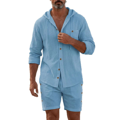 Men's Four-Season Long-Sleeve Hooded Shirt And Shorts Two-Piece Set