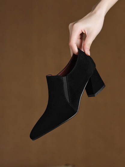 Suede-textured Deep-toe Pointed-toe Chunky-heel Shoes