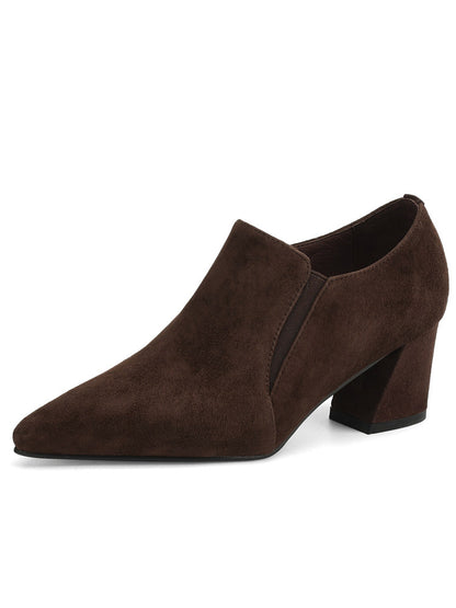 Suede-textured Deep-toe Pointed-toe Chunky-heel Shoes