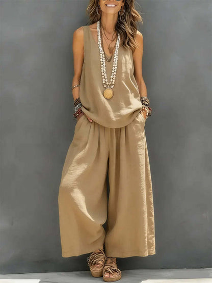 Womens Solid-Colored Casual Sleeveless Tank Top And Wide-Leg Pants Cotton-Linen Set For Daily Wear Holiday Outfit