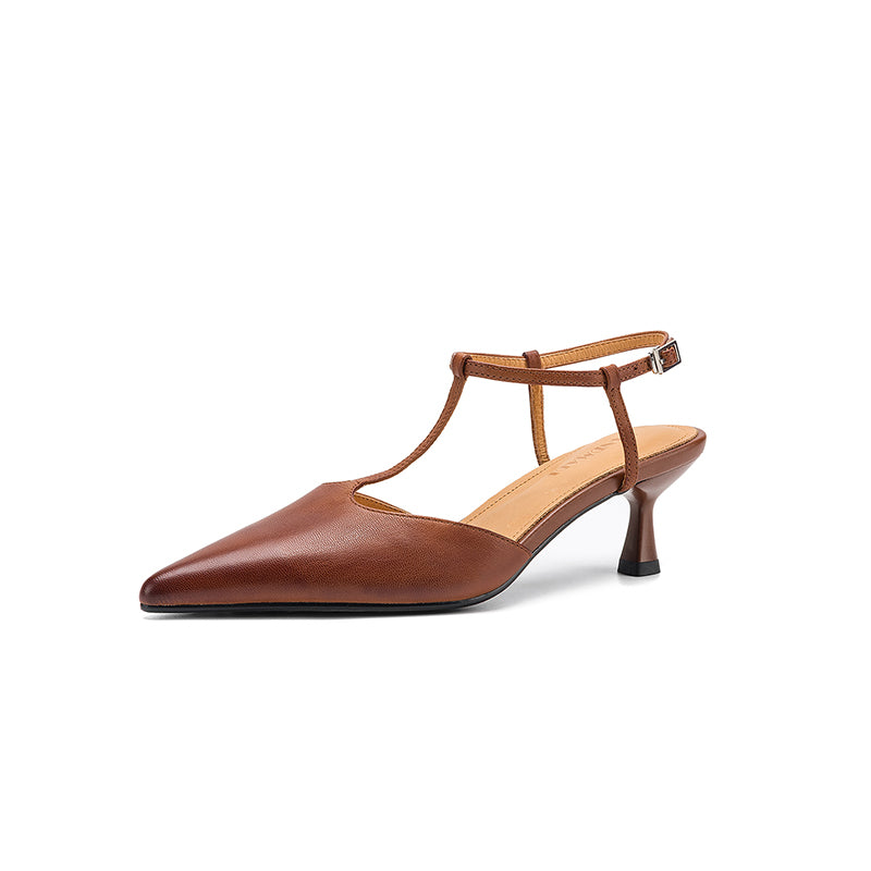 Women's Handmade Washed Full-Grain Lambskin T-Strap Slingback Heels, Vintage Pointed Toe Kitten Heel Sandals