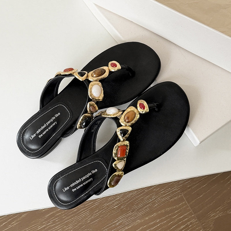 Women's Artisanal Full-Grain Leather Thong Sandals, Handcrafted Multi-Stone Embellished Flat Flip Flops